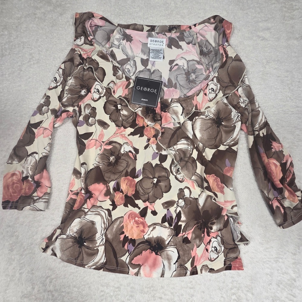 George Ruffle Blouse Womens Medium‎ 8/10 Pink Brown NWT Floral Mimosa Print Top